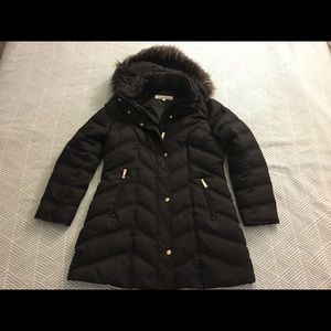 Kenneth Cole Chevron Down Coat with Faux-Fur Hood